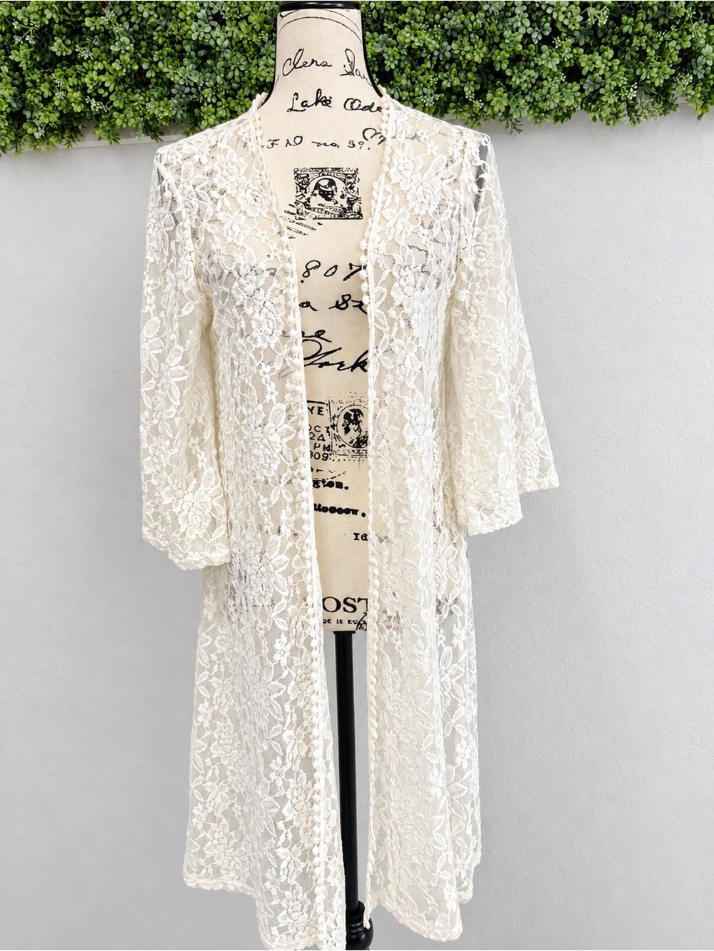 Ivory Floral Lace Kimono Beach Cover Up Boho Size L